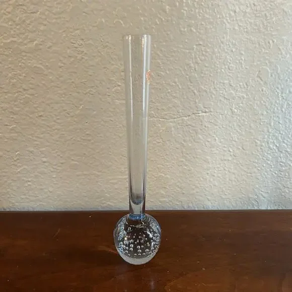 Vtg Bud Vase Delicate Clear Blue Glass Round Base Bullicante Bubbles Denmark - Picture 2 of 9